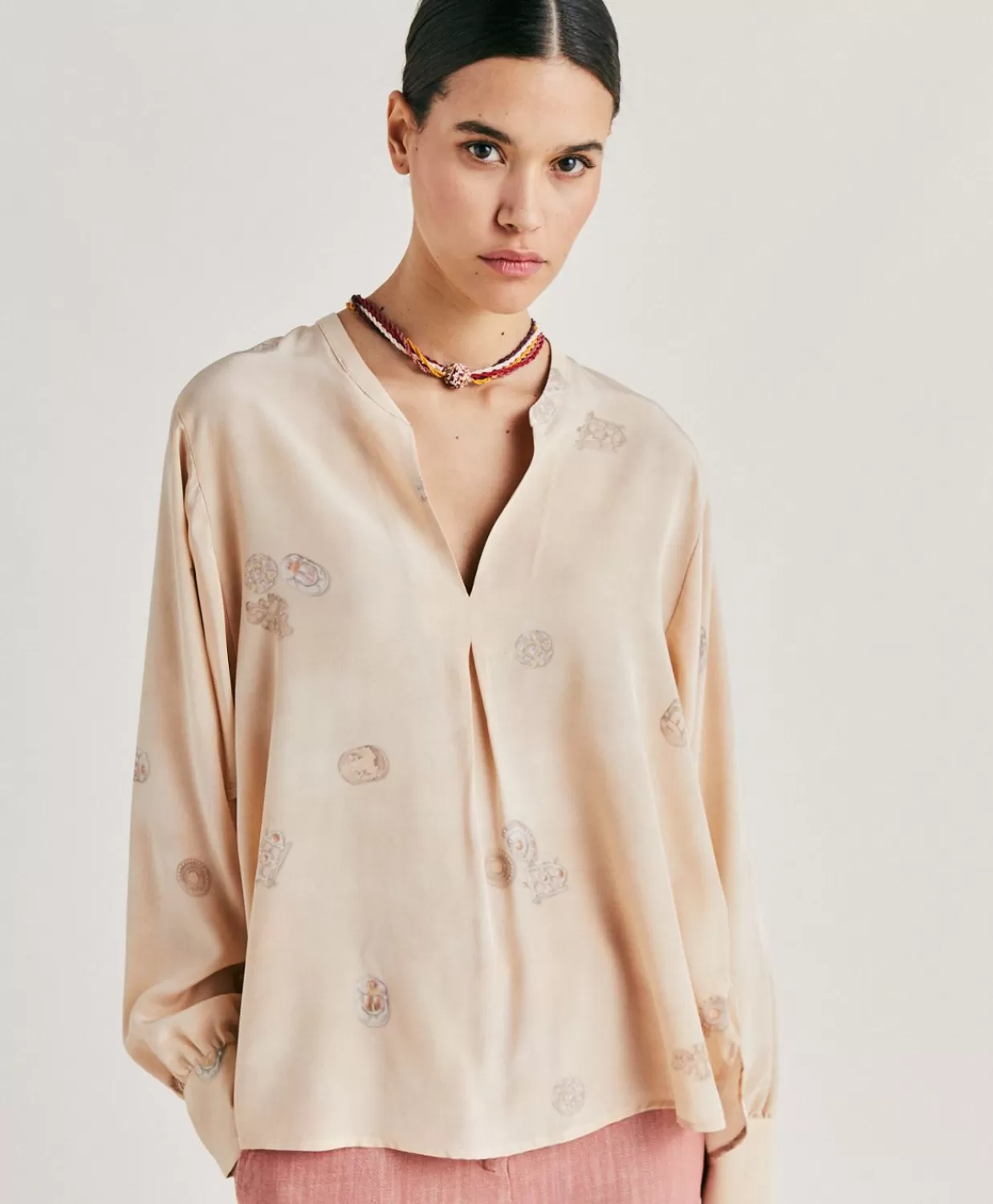 Bluse E Camicie>Momoni Blusa Alisha In Crepe De Chine - Beige Multicolor