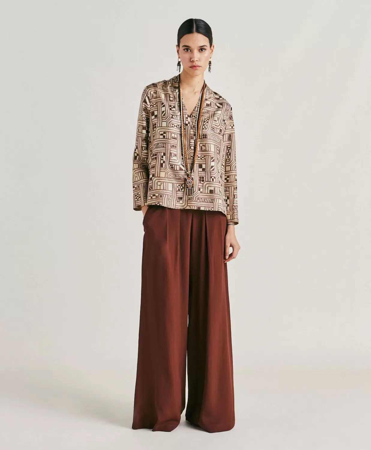 Bluse E Camicie>Momoni Blusa Ambroise In Twill Di Seta - Beige/ Tabacco