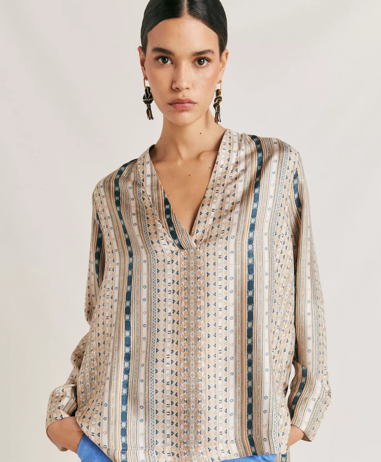 Bluse E Camicie>Momoni Blusa Ambroise In Twill Di Seta - Sabbia Multicolor