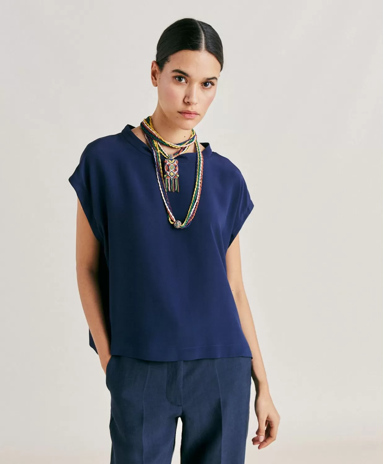 Bluse E Camicie>Momoni Blusa Curacao In Acetato Seta - Blu Notte