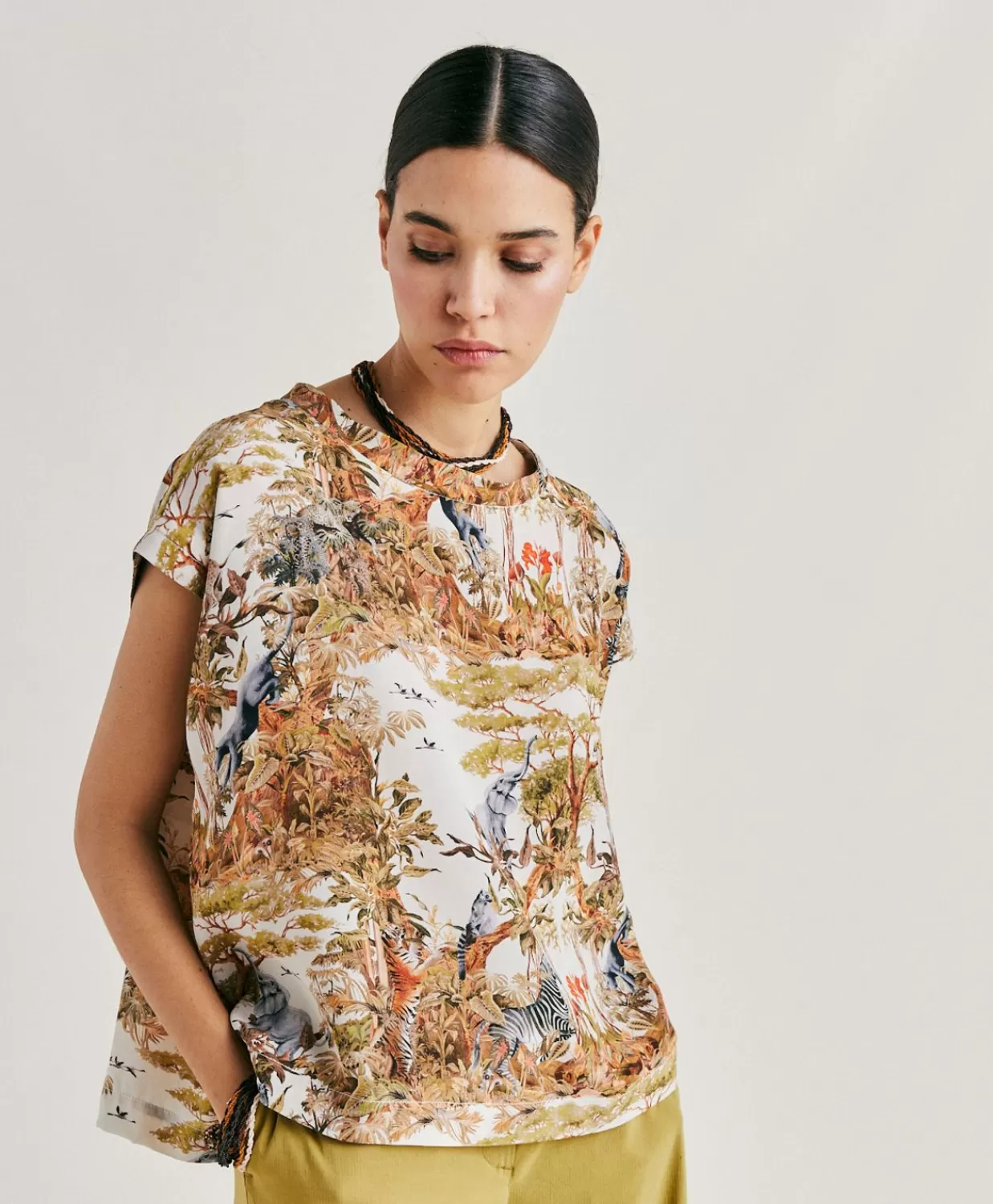 Bluse E Camicie>Momoni Blusa Curacao In Crepe De Chine - Panna / Multicolor