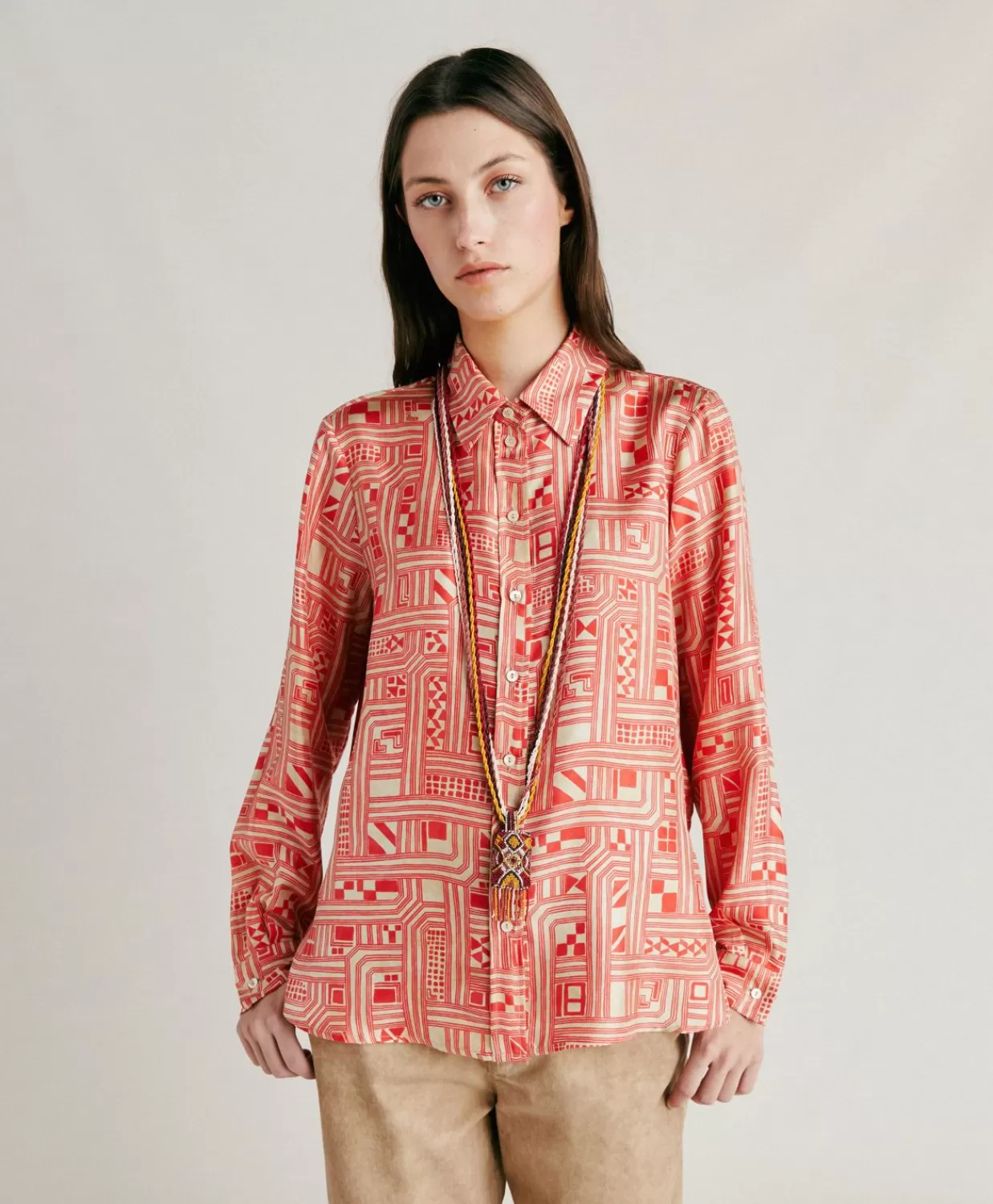 Completi E Talleur>Momoni Camicia Arles In Twill Di Seta - Beige/ Corallo
