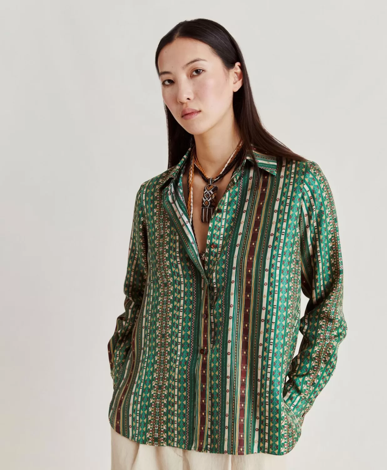 Bluse E Camicie>Momoni Camicia Arles In Twill Di Seta - Verde/Multicolor
