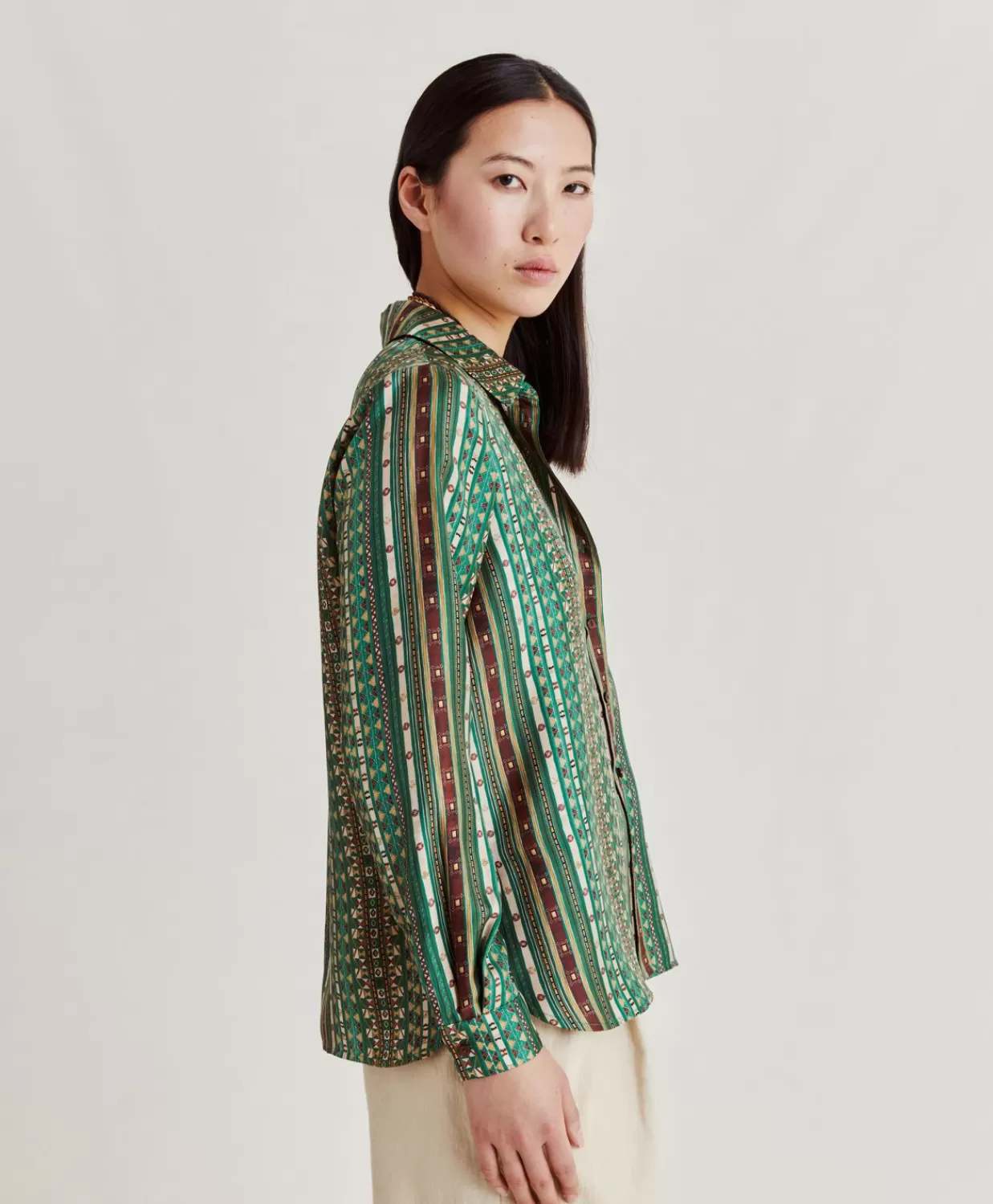 Bluse E Camicie>Momoni Camicia Arles In Twill Di Seta - Verde/Multicolor