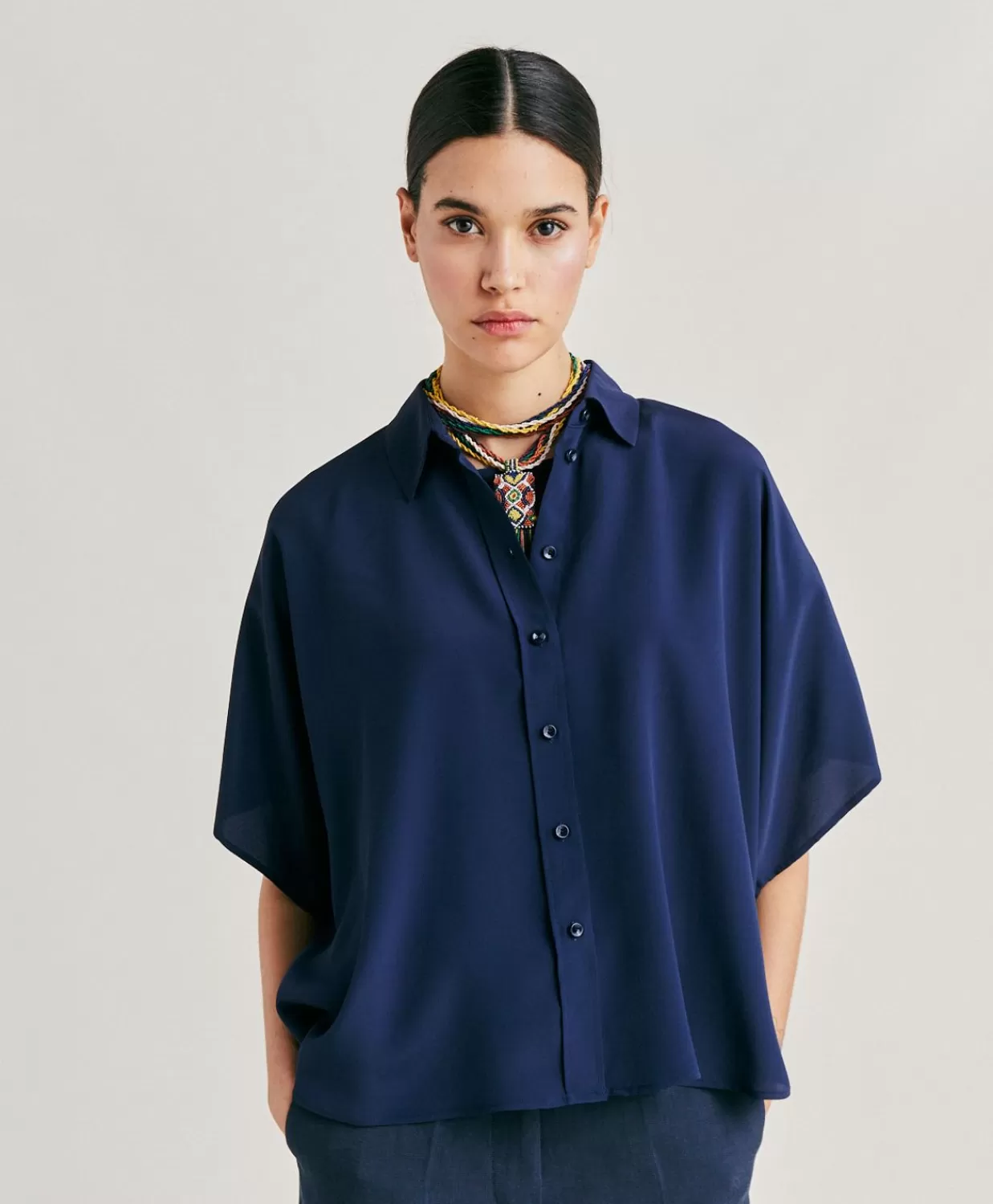 Bluse E Camicie>Momoni Camicia Brooklyn In Acetato Seta - Blu Notte