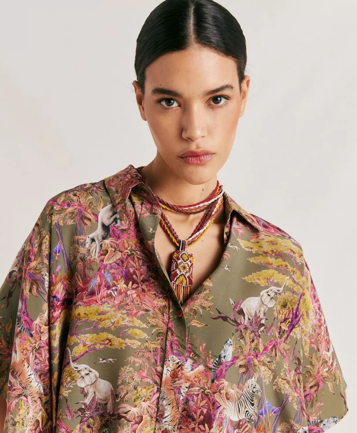 Bluse E Camicie>Momoni Camicia Brooklyn In Crepe De Chine - Oliva Multicolor