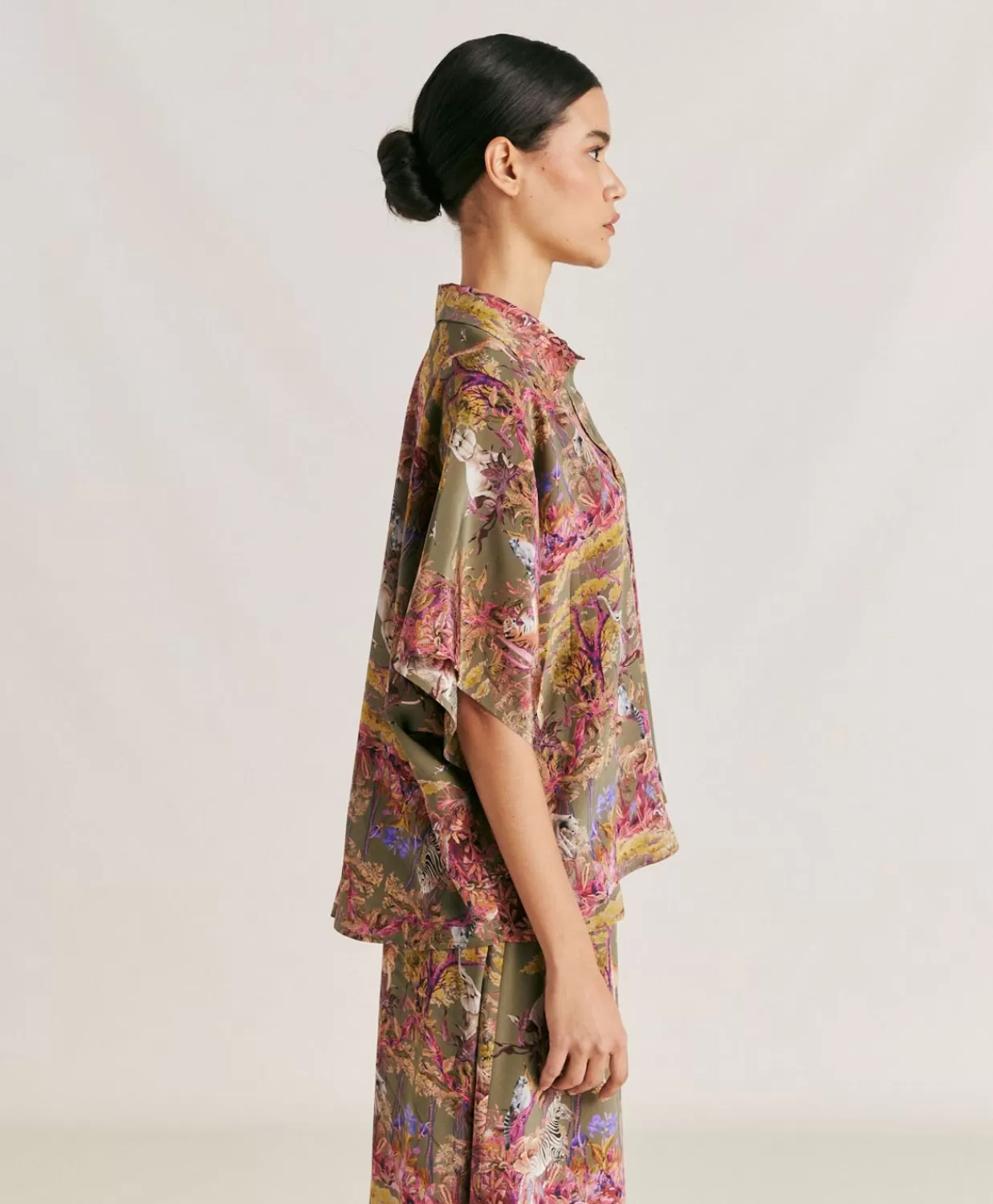 Bluse E Camicie>Momoni Camicia Brooklyn In Crepe De Chine - Oliva Multicolor