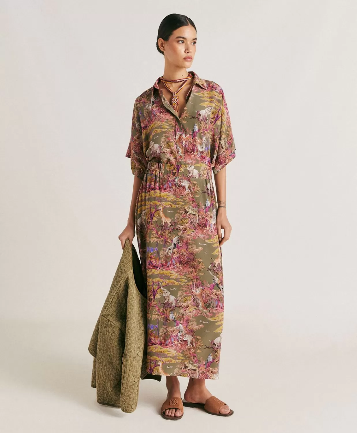 Bluse E Camicie>Momoni Camicia Brooklyn In Crepe De Chine - Oliva Multicolor