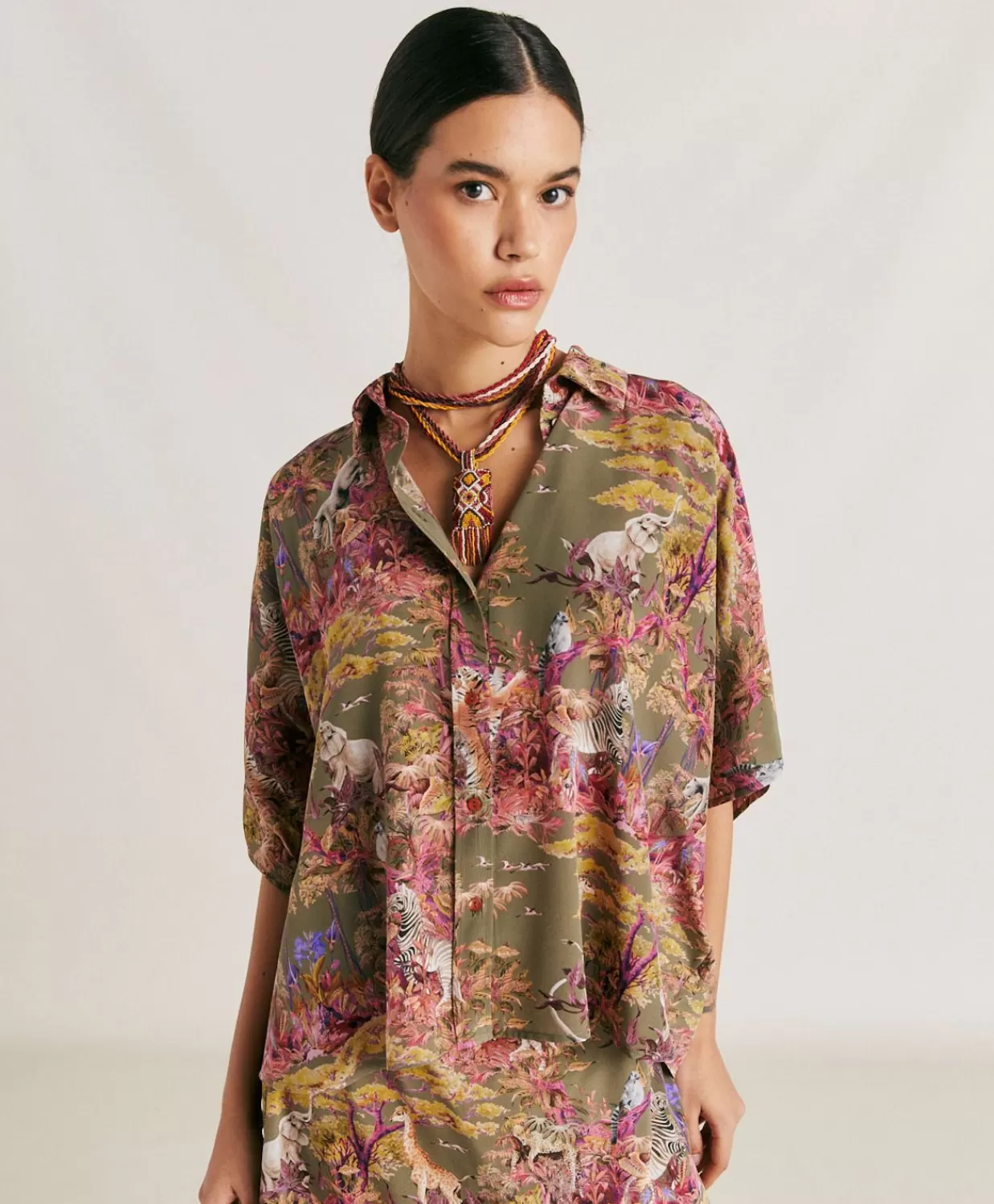 Bluse E Camicie>Momoni Camicia Brooklyn In Crepe De Chine - Oliva Multicolor