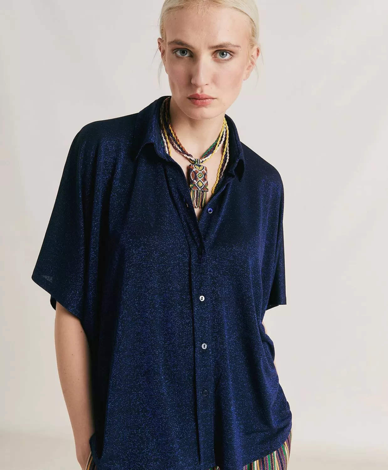 Bluse E Camicie>Momoni Camicia Brooklyn In Jersey Lurex - Bluette