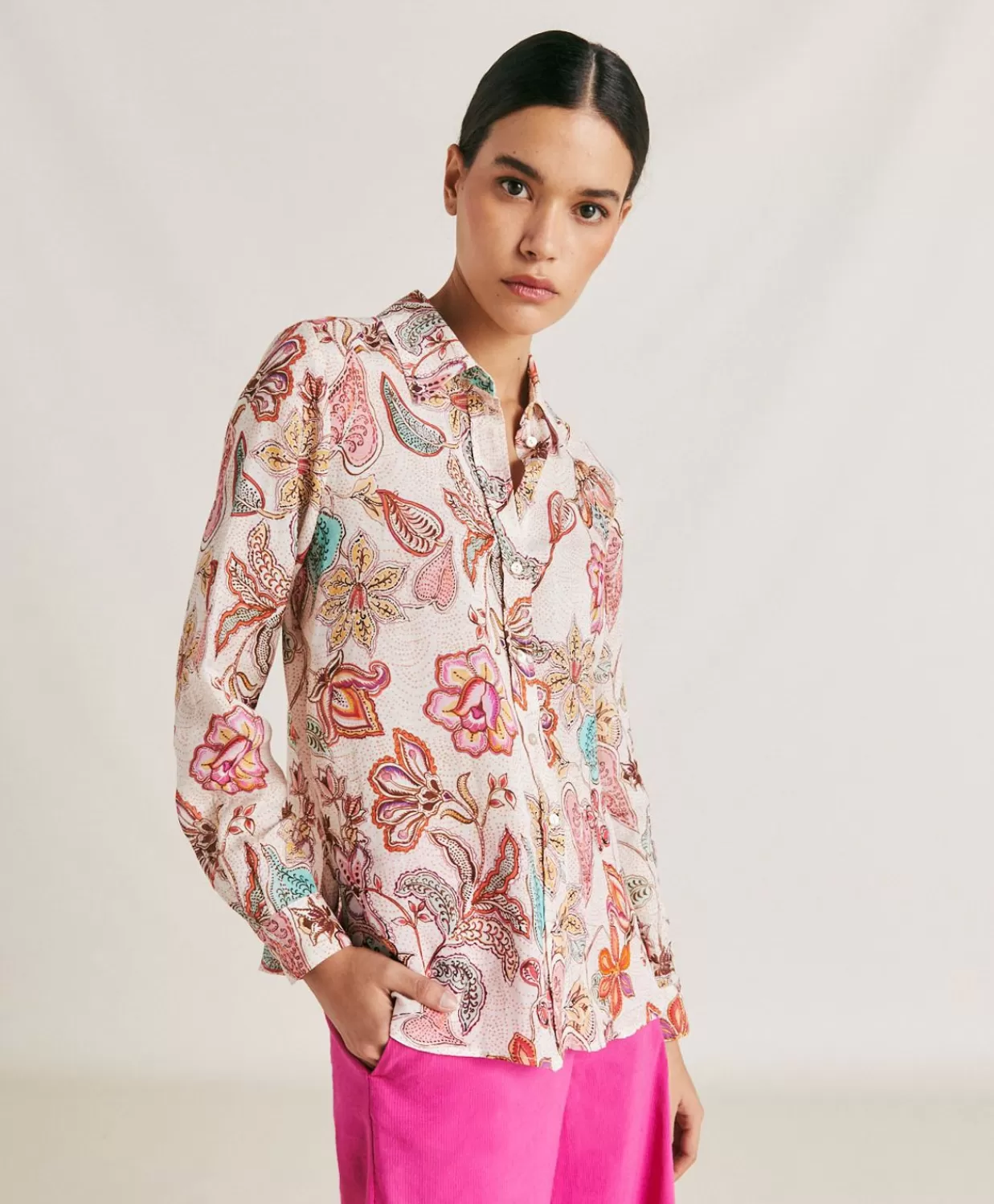 Bluse E Camicie>Momoni Camicia Estreta In Viscosa Lino - Rosa Multicolor