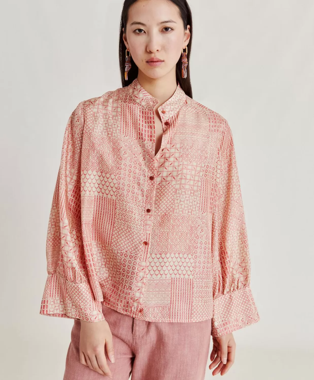 Bluse E Camicie>Momoni Camicia Franklin In Haboutai Di Seta - Panna/Corallo