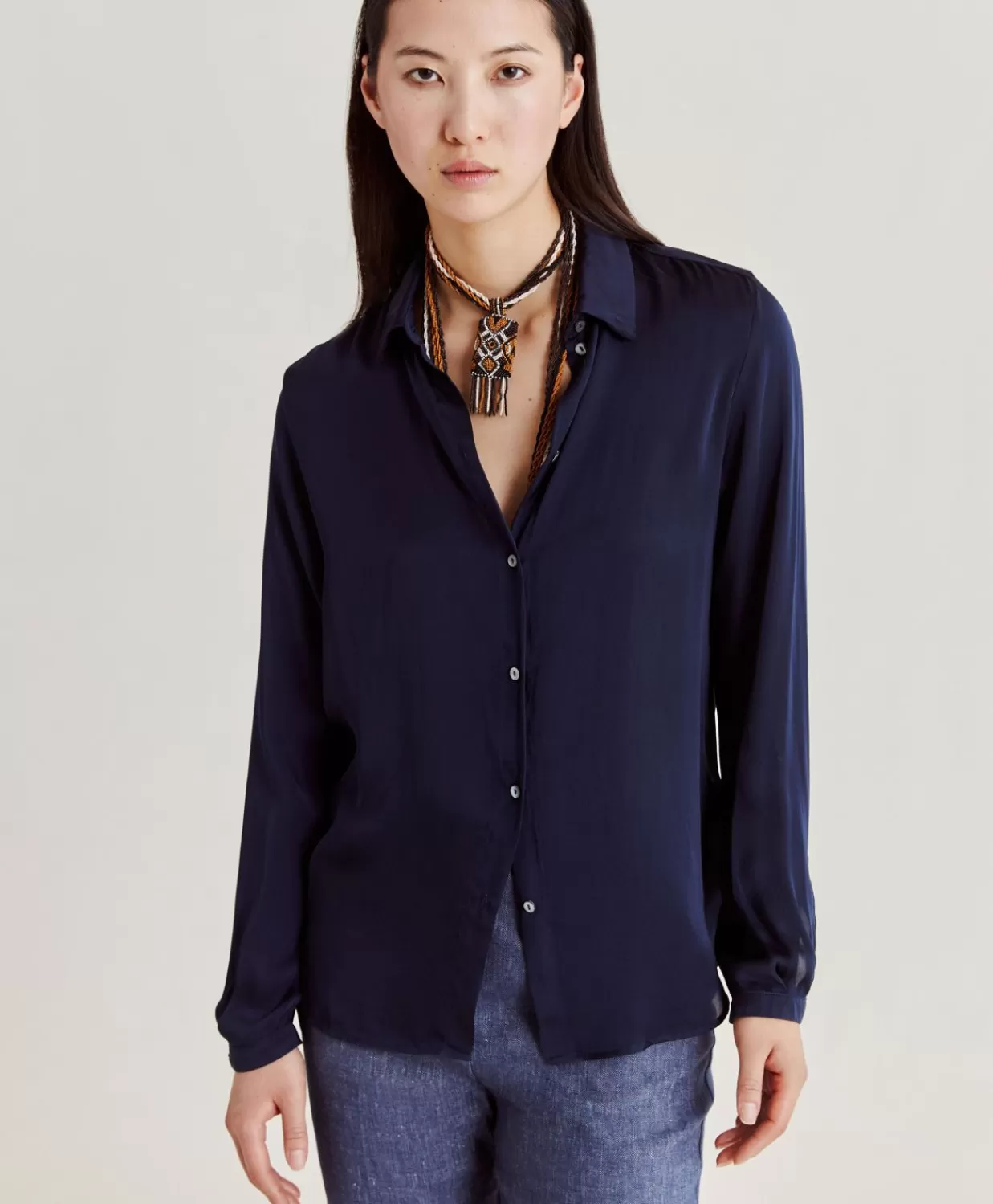 Bluse E Camicie>Momoni Camicia Meudon In Seta Unita - Blu Notte