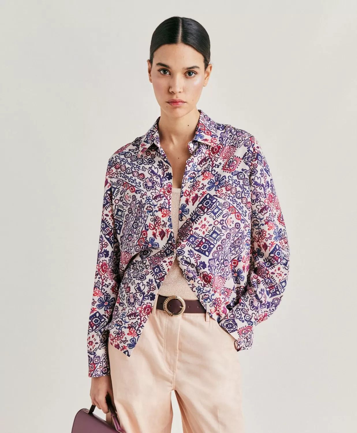 Bluse E Camicie>Momoni Camicia Shirt In Crepe De Chine - Panna/Violaceo