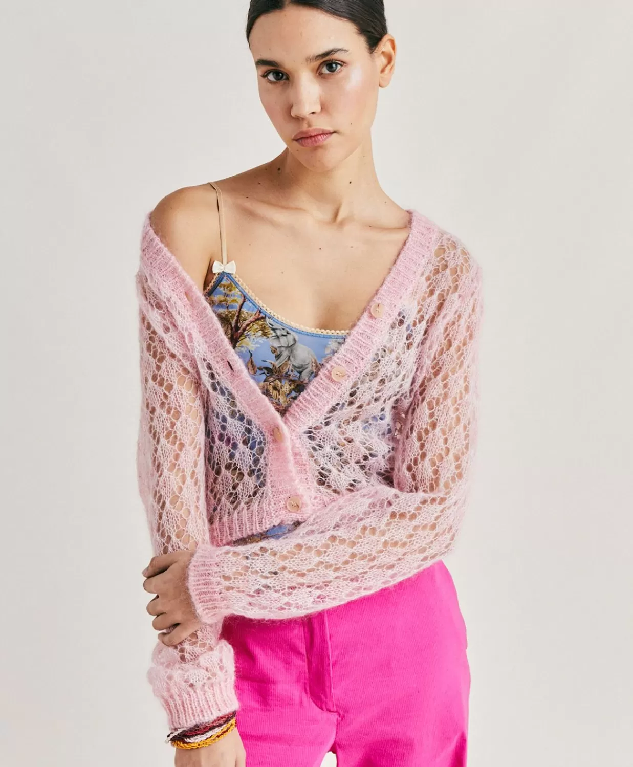 Maglieria>Momoni Cardigan Altea In Soft Mohair - Rosa Baby