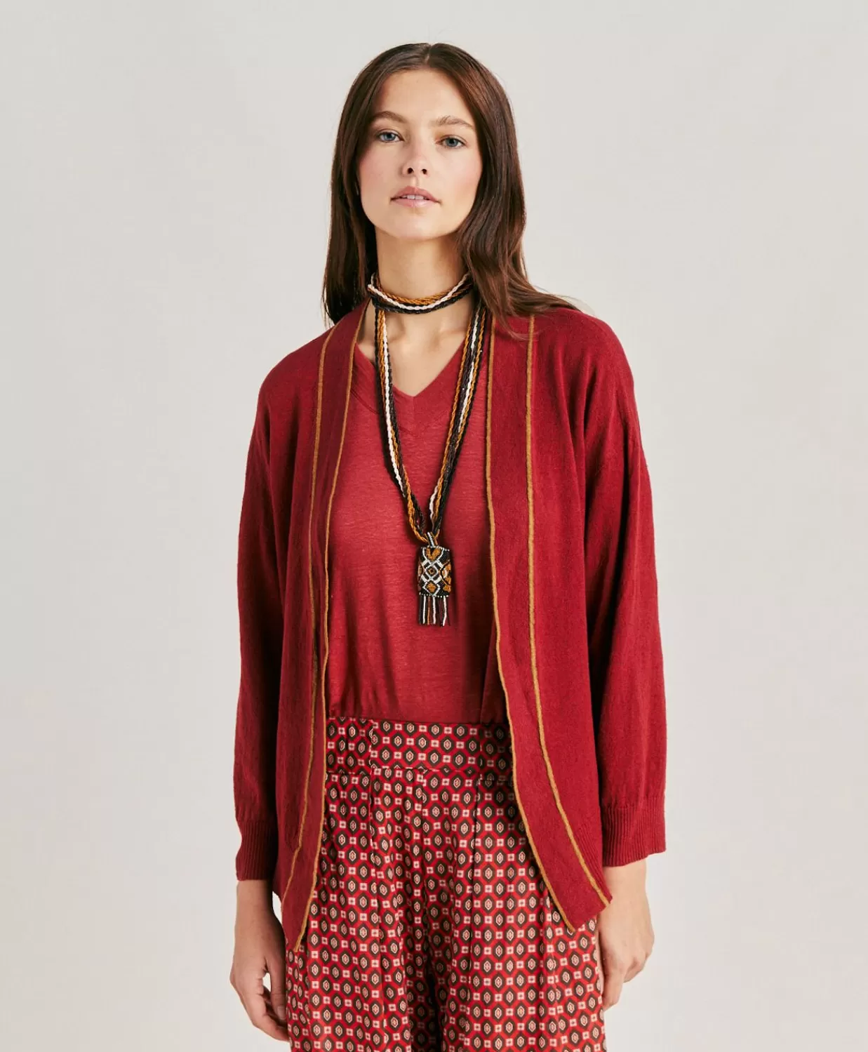 Maglieria>Momoni Cardigan Sandy In Lino Elasticizzato - Bordeaux