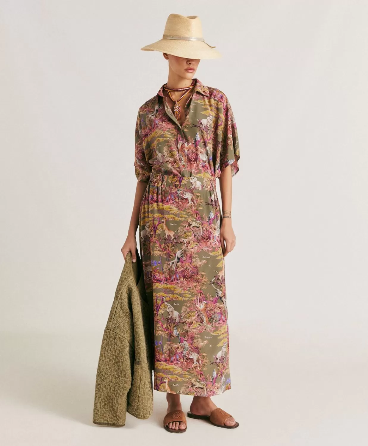 Gonne>Momoni Gonna Olla In Crepe De Chine - Oliva Multicolor