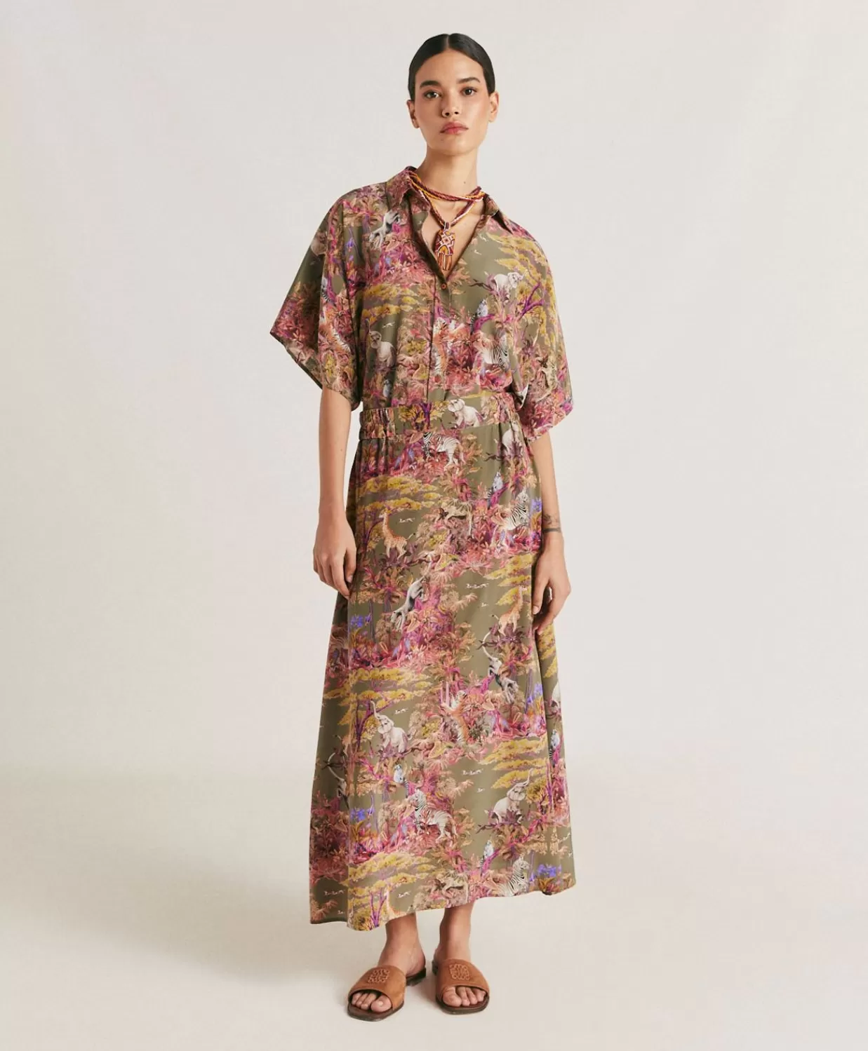 Gonne>Momoni Gonna Olla In Crepe De Chine - Oliva Multicolor