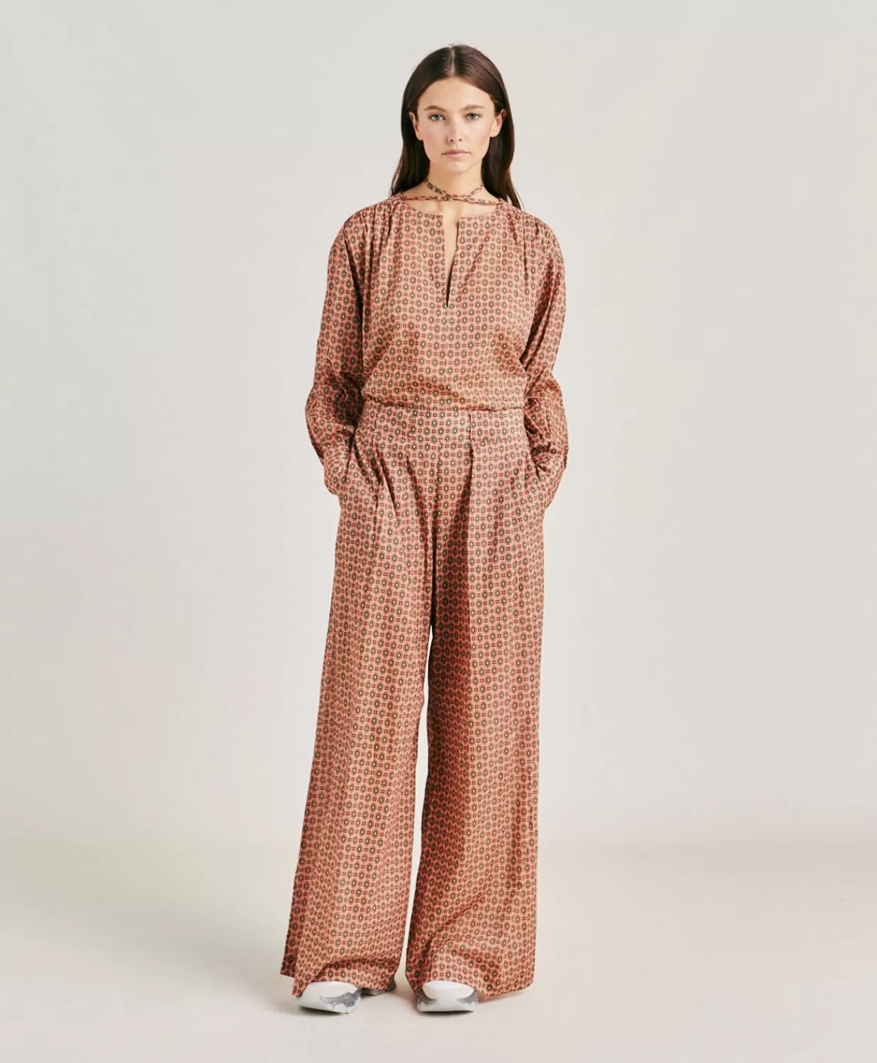 Pantaloni E Shorts>Momoni Pantaloni Aspen In Voile Cotone Stampato - Corallo