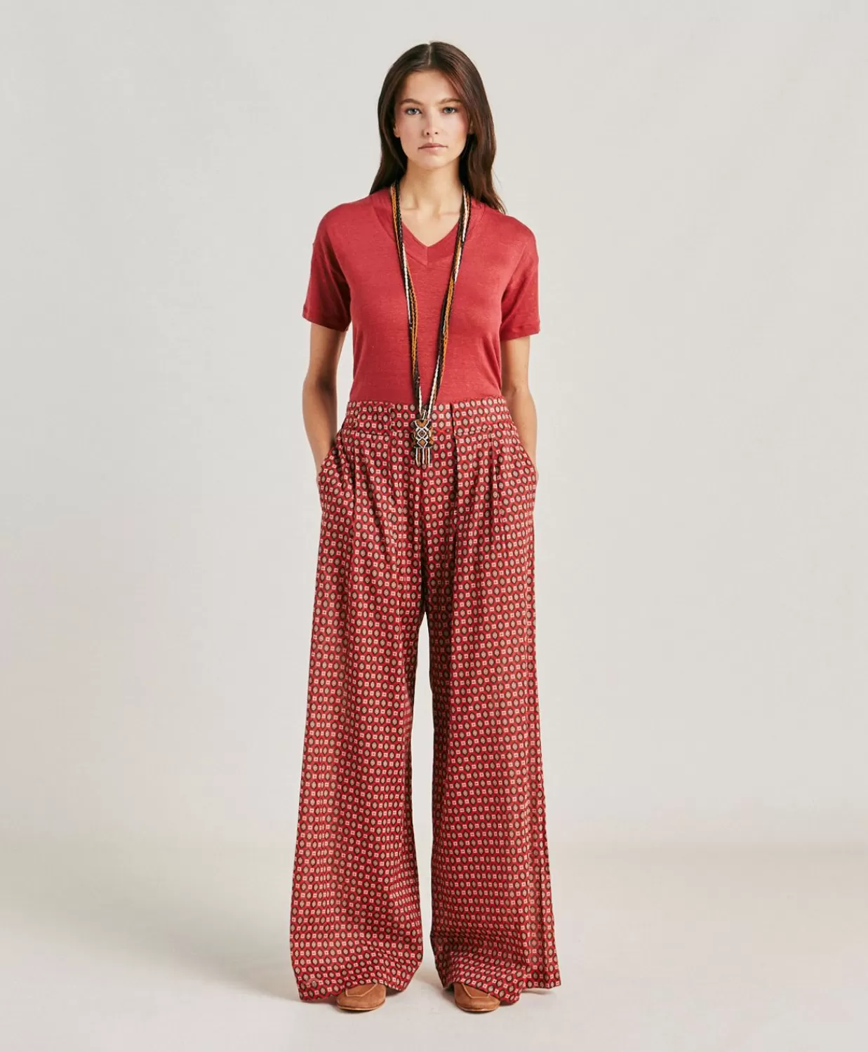 Pantaloni E Shorts>Momoni Pantaloni Aspen In Voile Cotone Stampato - Rosso