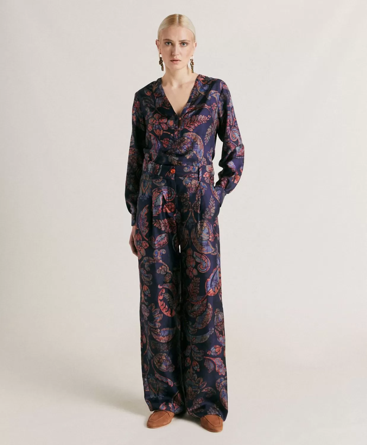 Completi E Talleur>Momoni Pantaloni Austin In Twill Di Seta - Blu Notte Multicolor