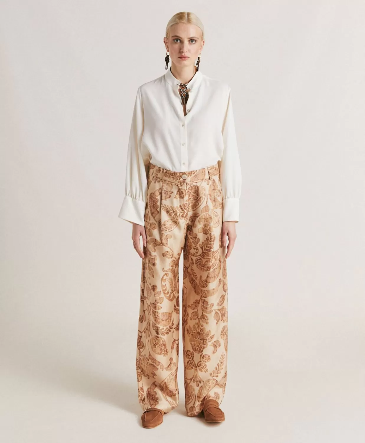 Pantaloni E Shorts>Momoni Pantaloni Austin In Twill Di Seta - Cipria Multicolor