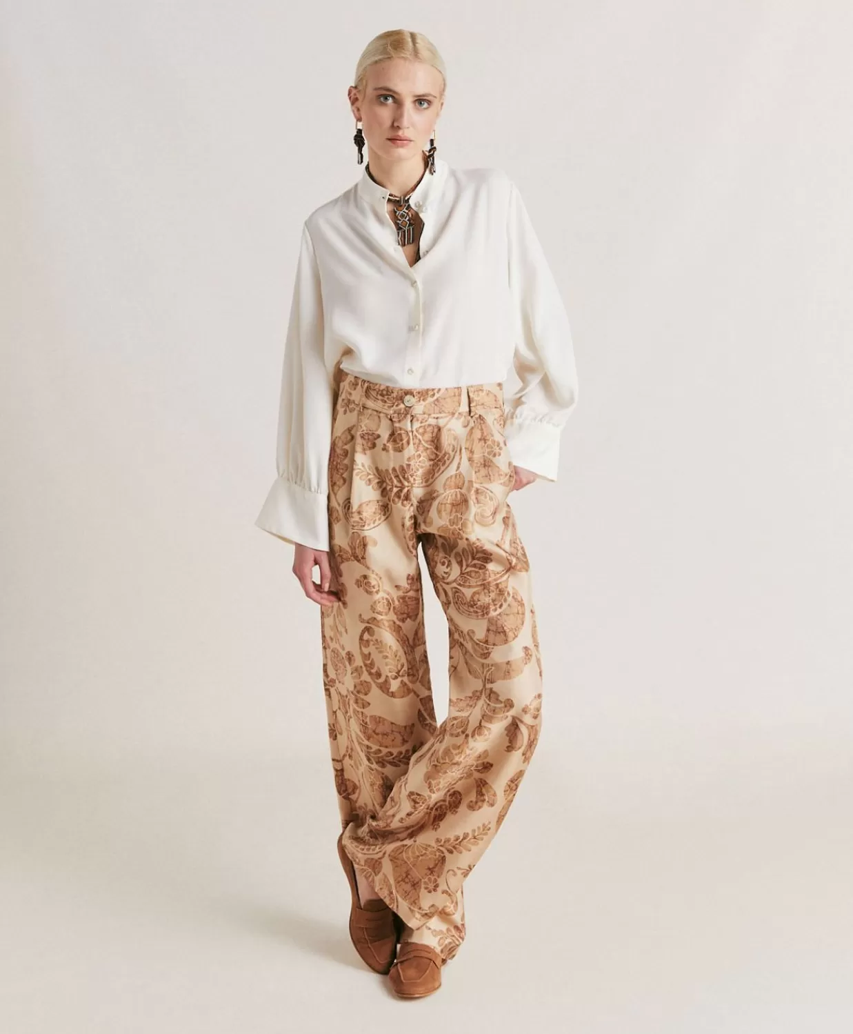 Pantaloni E Shorts>Momoni Pantaloni Austin In Twill Di Seta - Cipria Multicolor