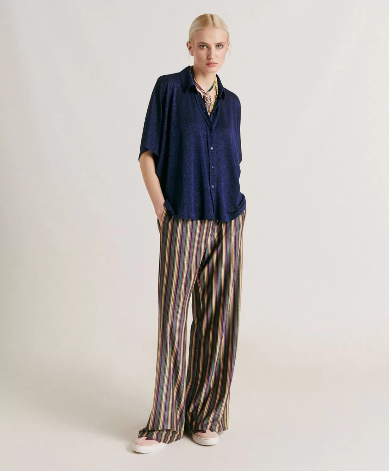 Pantaloni E Shorts>Momoni Pantaloni Baccarat In Jersey Lurex A Righe - Multicolor Verde
