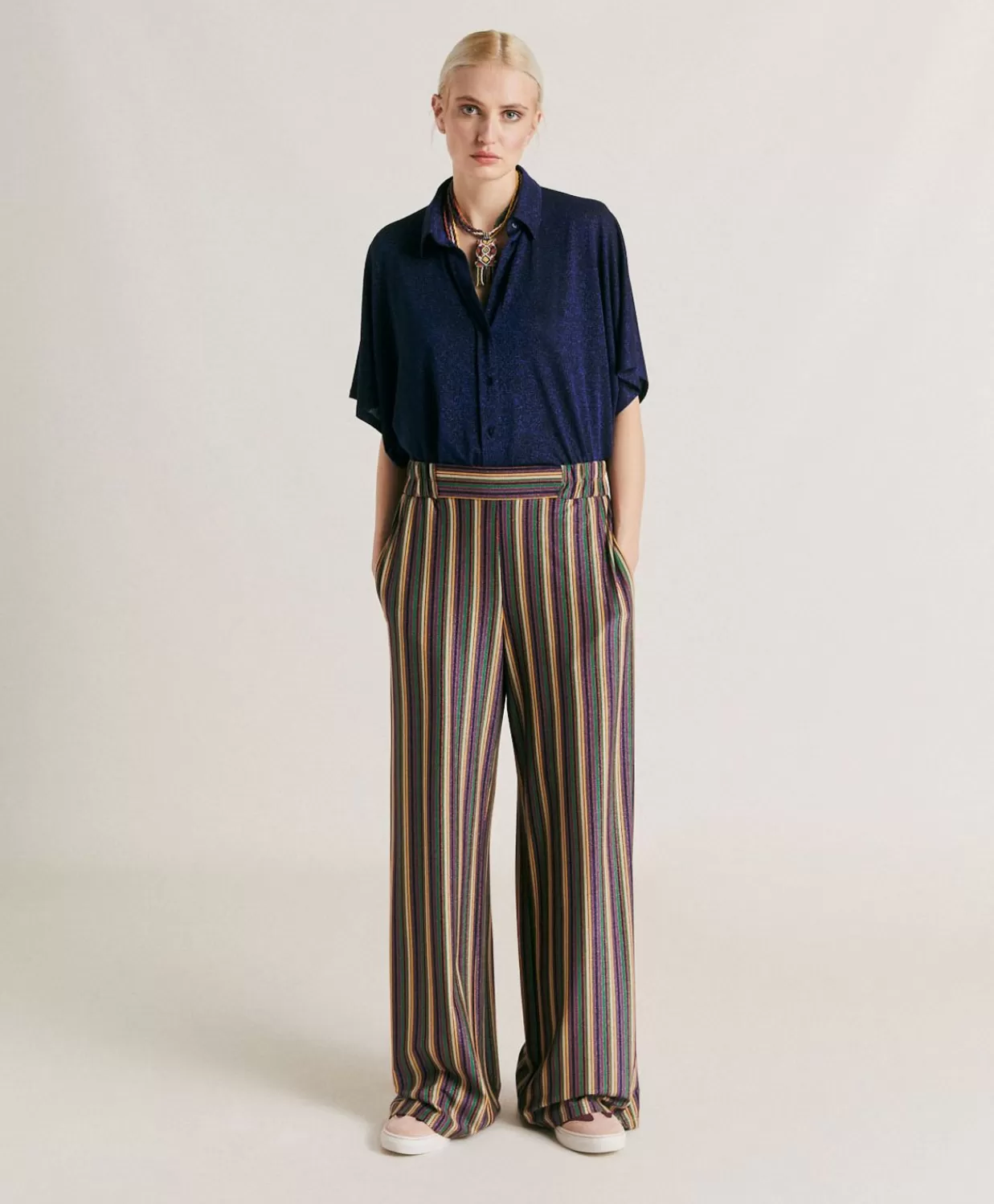 Pantaloni E Shorts>Momoni Pantaloni Baccarat In Jersey Lurex A Righe - Multicolor Verde