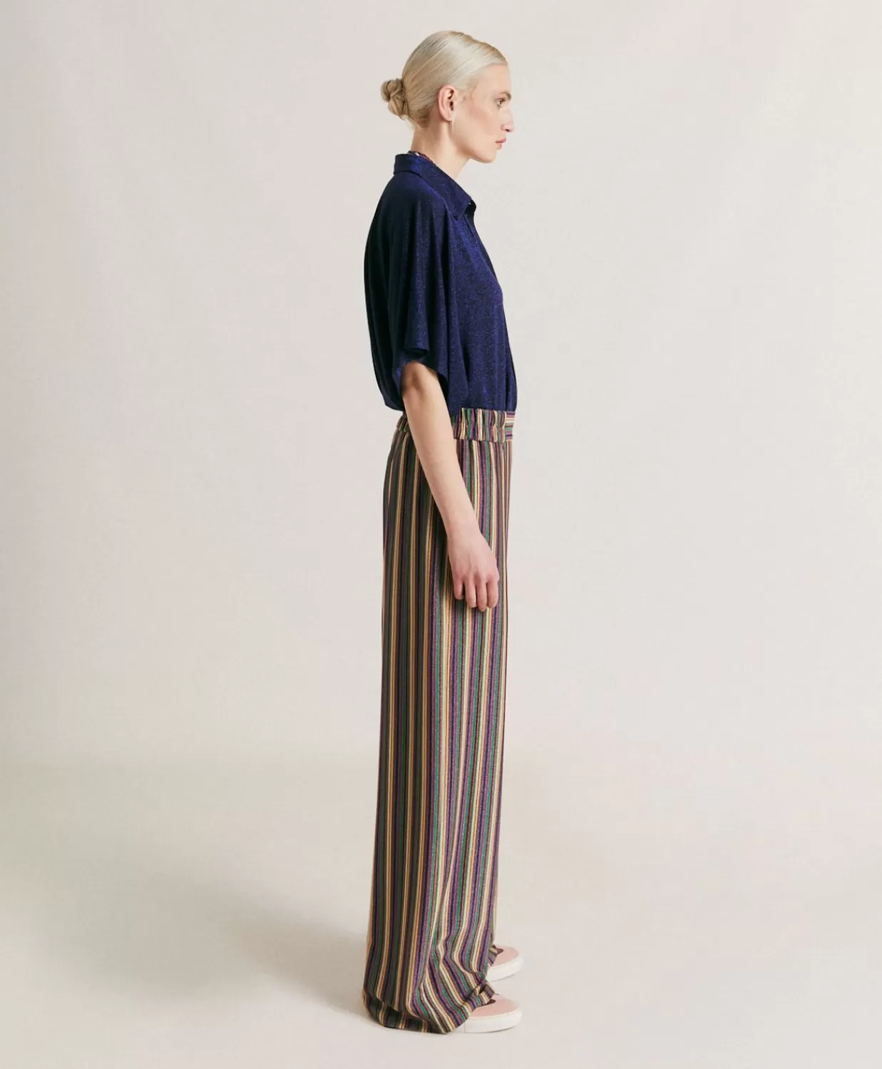 Pantaloni E Shorts>Momoni Pantaloni Baccarat In Jersey Lurex A Righe - Multicolor Verde