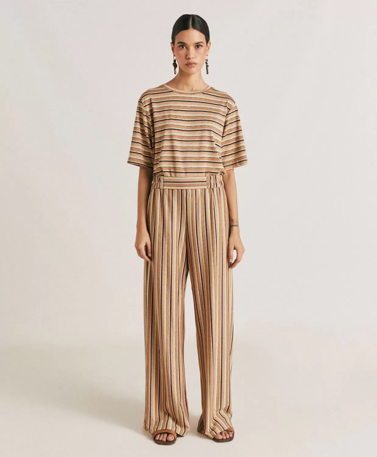 Pantaloni E Shorts>Momoni Pantaloni Baccarat In Jersey Lurex A Righe - Ruggine Multicolor