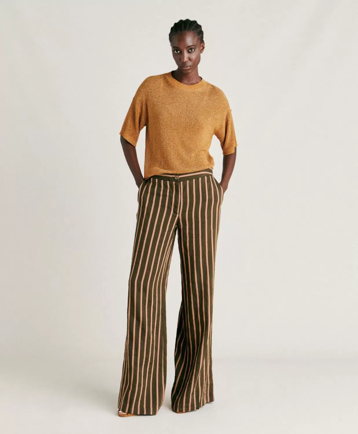 Pantaloni E Shorts>Momoni Pantaloni Candeo In Lino Viscosa A Righe - Army Multicolor