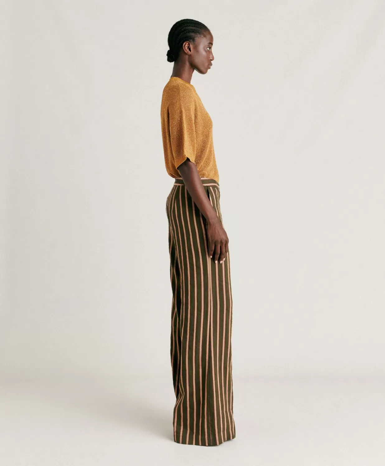 Pantaloni E Shorts>Momoni Pantaloni Candeo In Lino Viscosa A Righe - Army Multicolor