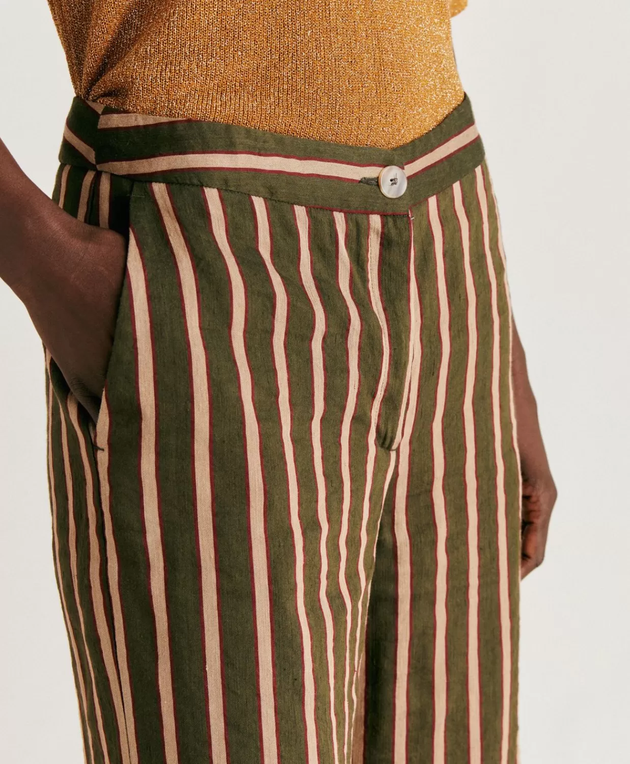 Pantaloni E Shorts>Momoni Pantaloni Candeo In Lino Viscosa A Righe - Army Multicolor