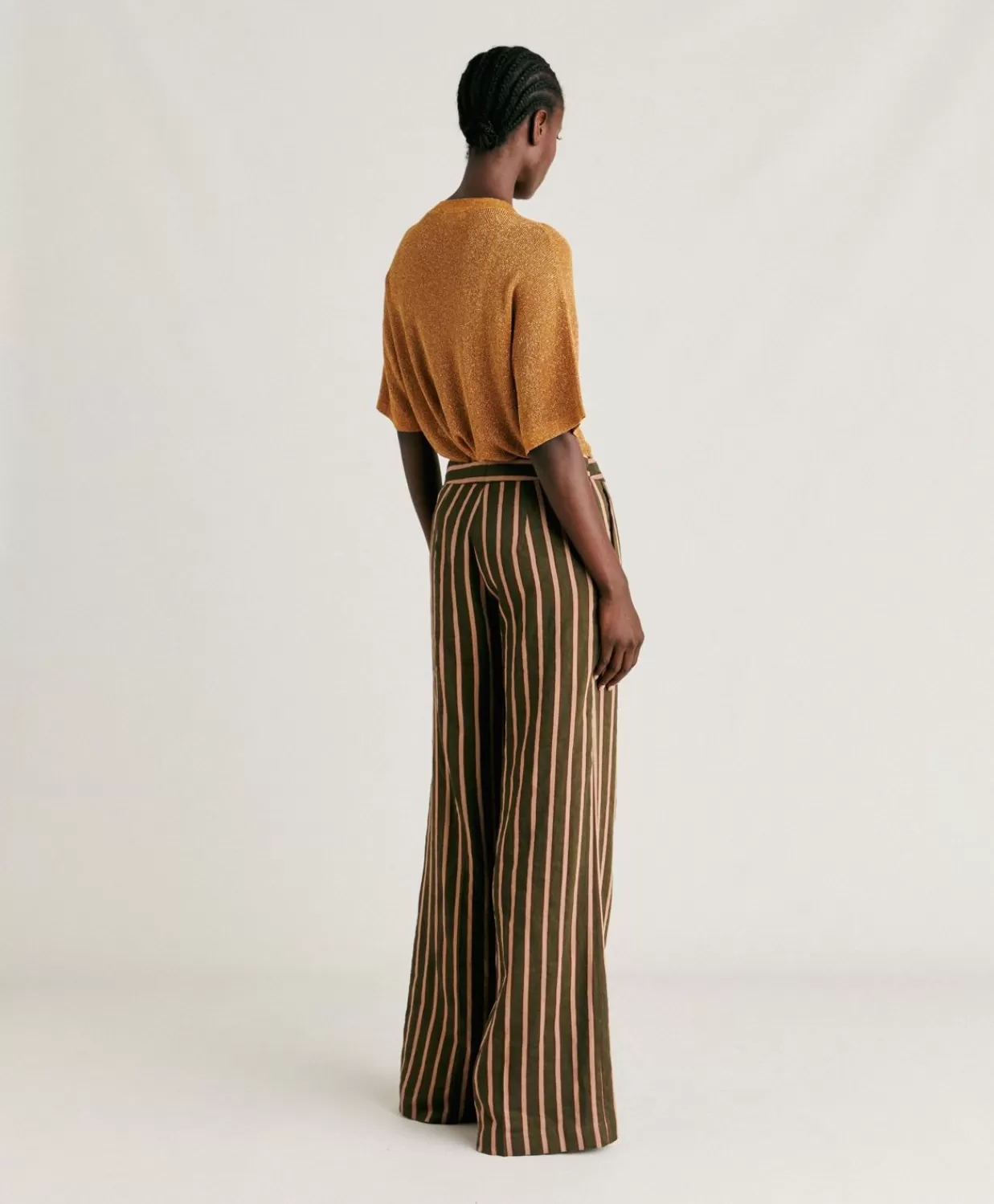 Pantaloni E Shorts>Momoni Pantaloni Candeo In Lino Viscosa A Righe - Army Multicolor