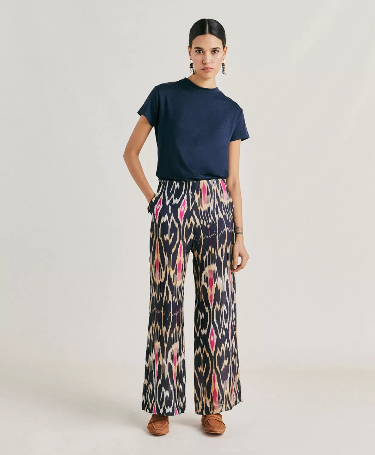 Pantaloni E Shorts>Momoni Pantaloni Ginepro In Viscosa Lino - Multicolor Blu
