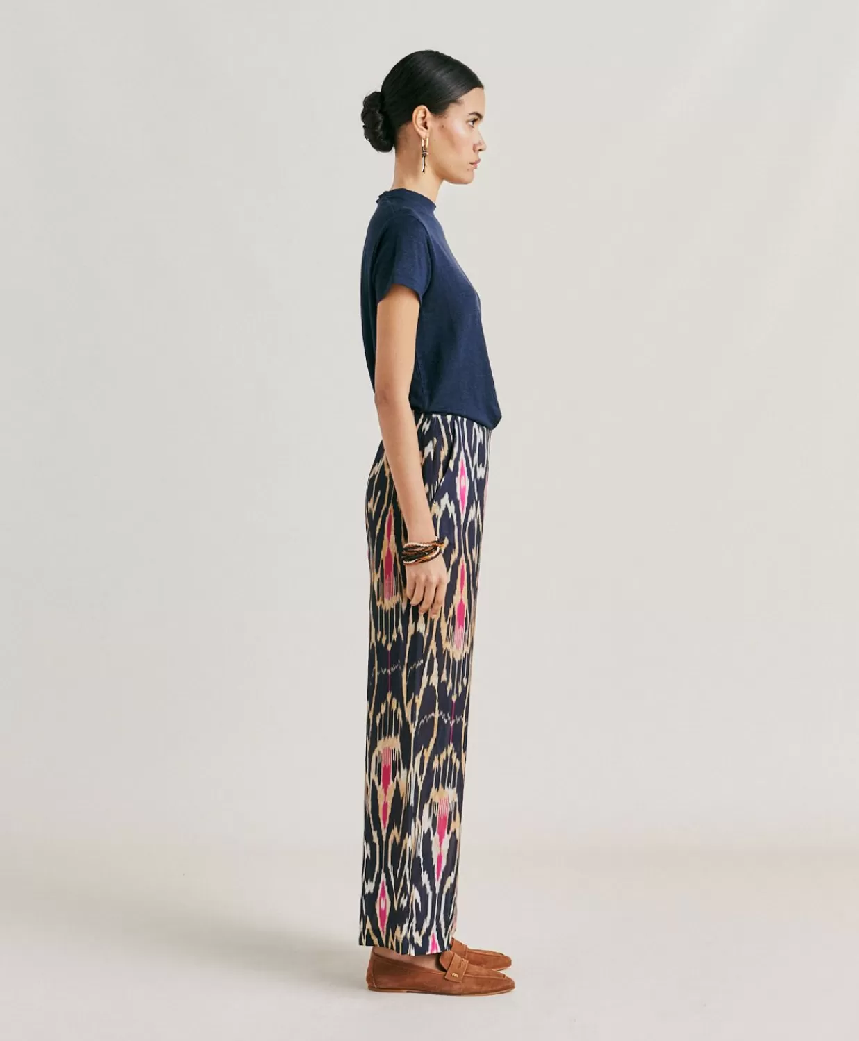 Pantaloni E Shorts>Momoni Pantaloni Ginepro In Viscosa Lino - Multicolor Blu