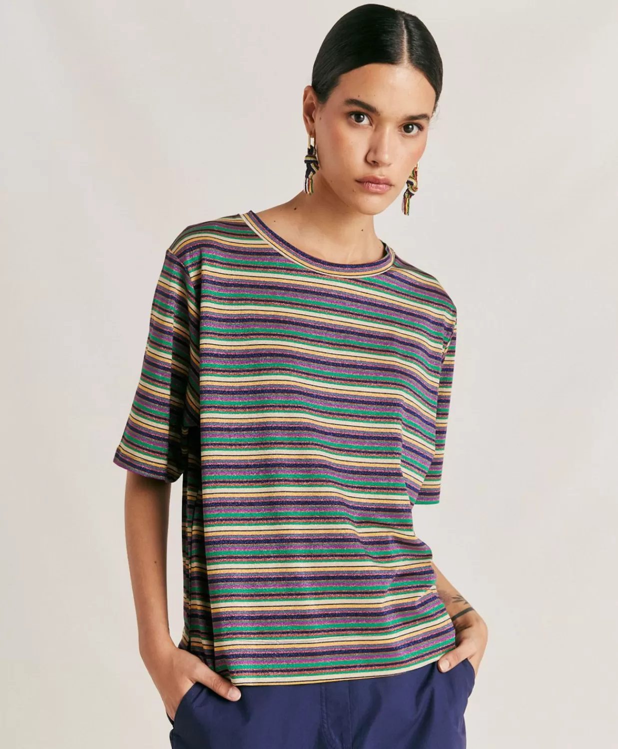 T-Shirts E Top>Momoni Thirt Iora In Jersey Lurex A Righe - Multicolor Verde