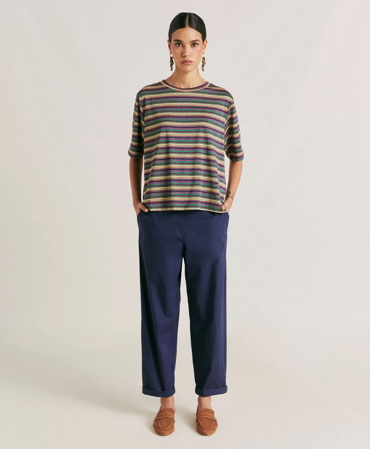 T-Shirts E Top>Momoni Thirt Iora In Jersey Lurex A Righe - Multicolor Verde