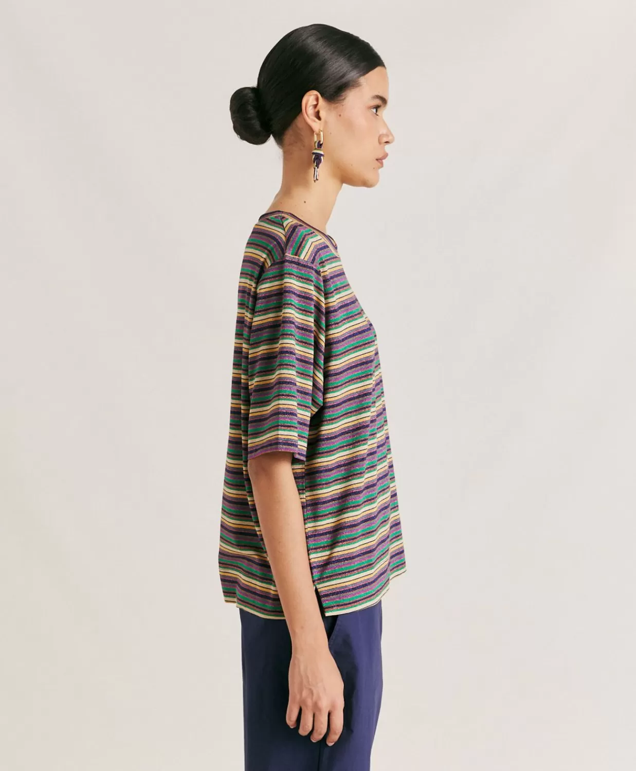 T-Shirts E Top>Momoni Thirt Iora In Jersey Lurex A Righe - Multicolor Verde