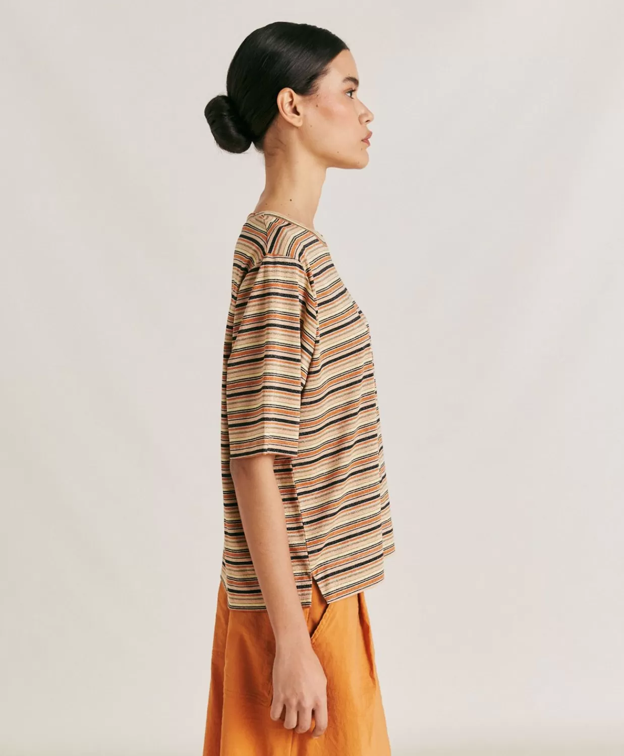 T-Shirts E Top>Momoni Thirt Iora In Jersey Lurex A Righe - Ruggine Multicolor