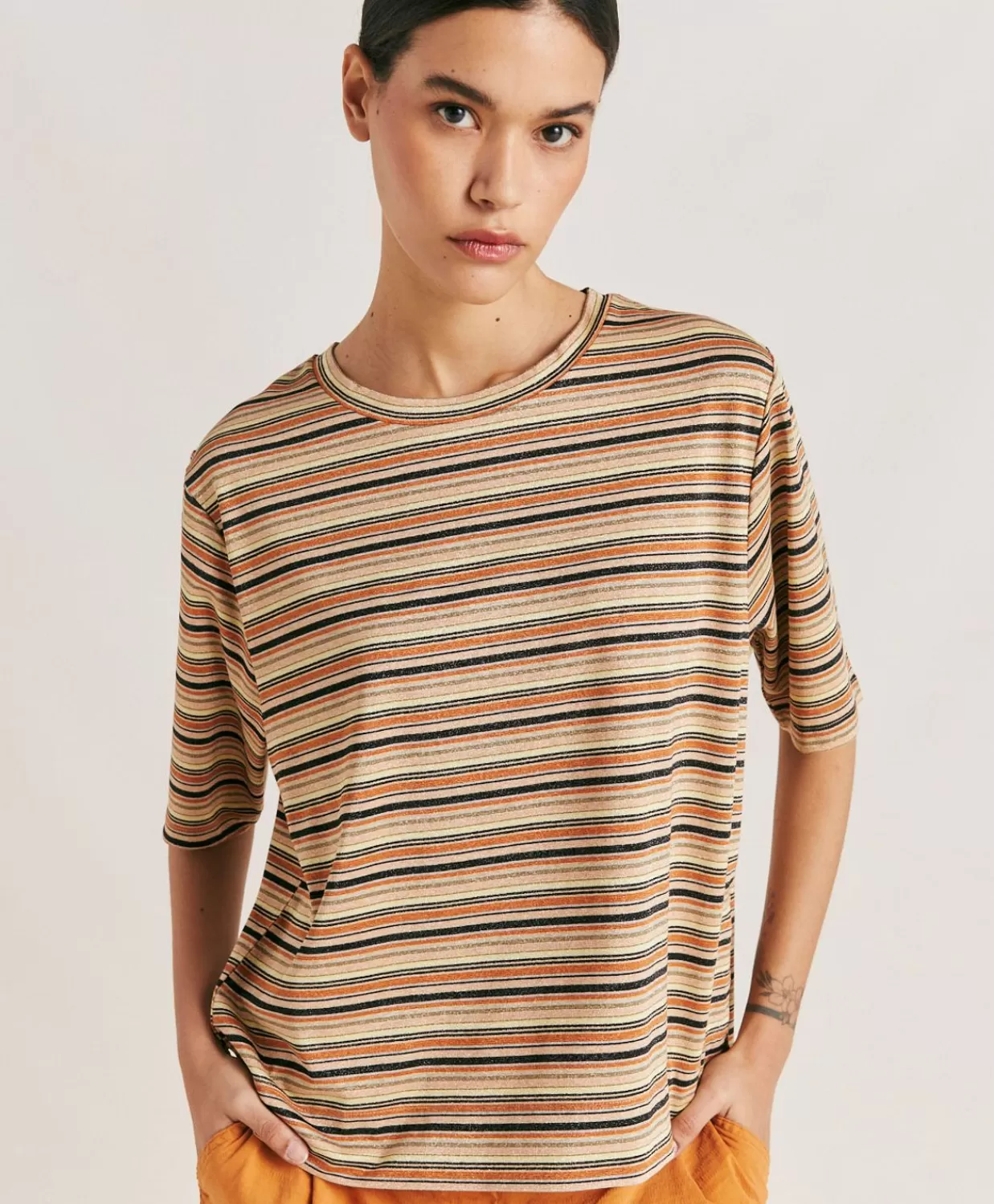 T-Shirts E Top>Momoni Thirt Iora In Jersey Lurex A Righe - Ruggine Multicolor