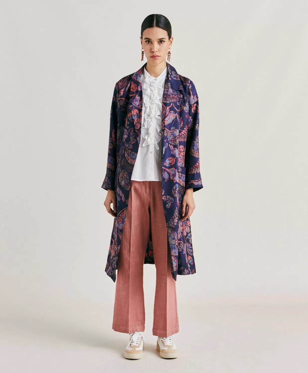 Trench E Cappotti>Momoni Trench Bados In Twill Di Seta - Blu Notte Multicolor