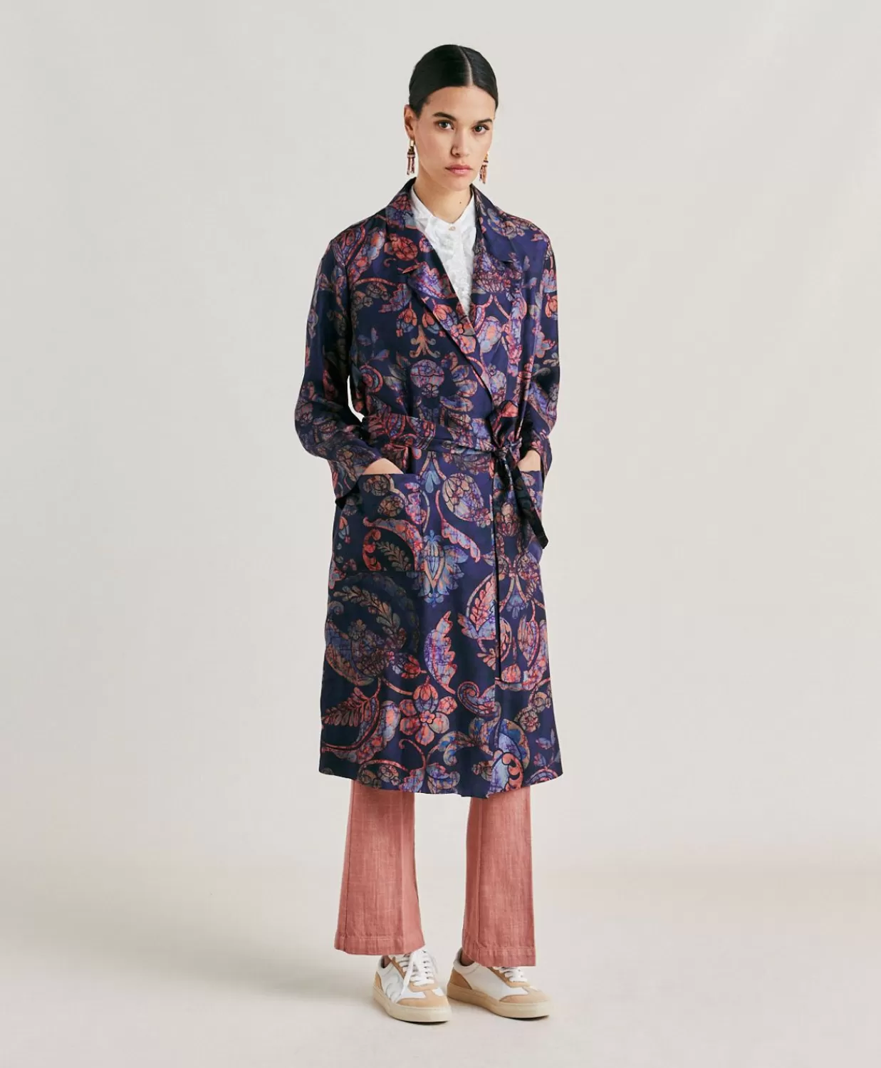 Trench E Cappotti>Momoni Trench Bados In Twill Di Seta - Blu Notte Multicolor