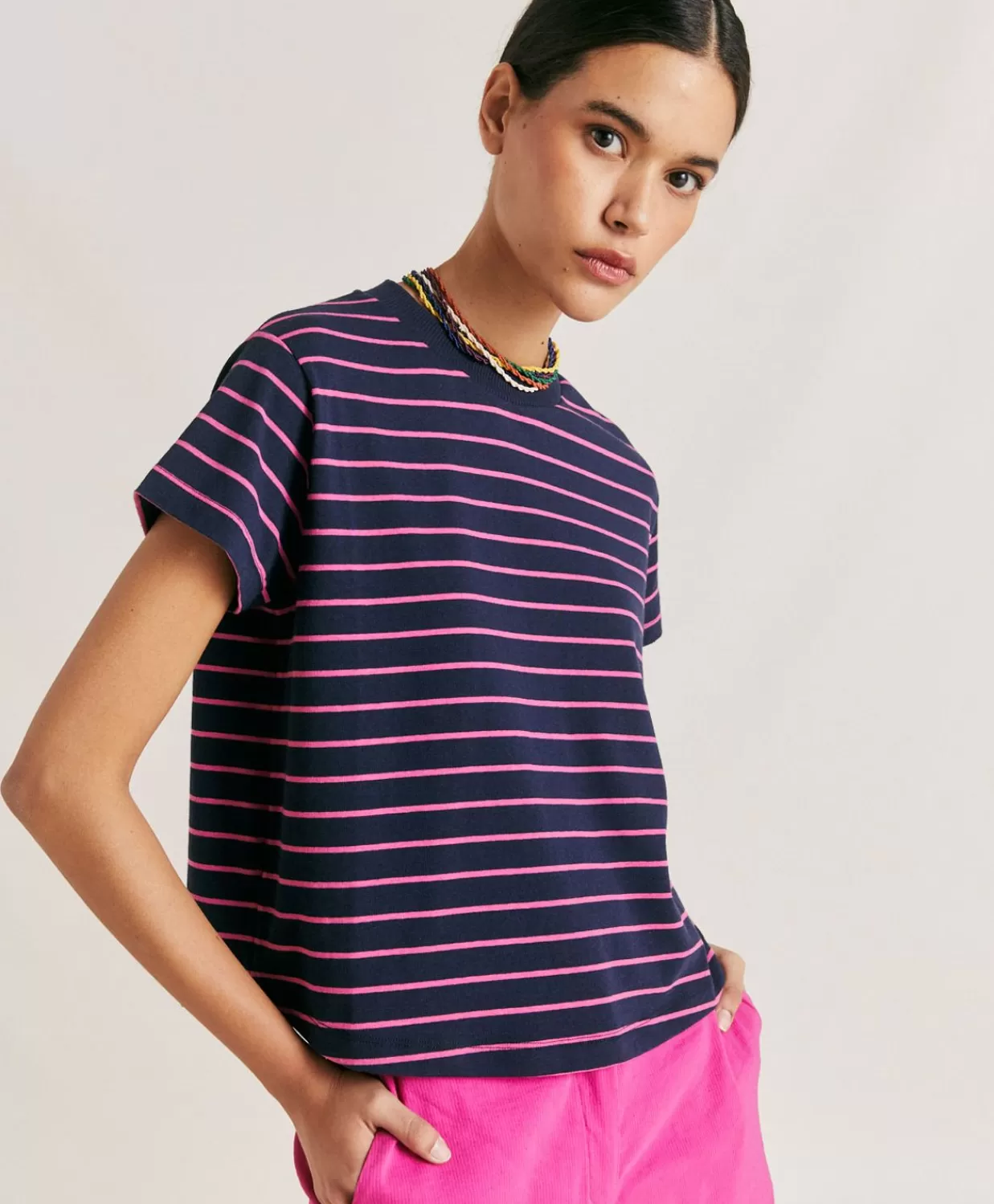 T-Shirts E Top>Momoni Tshirt Lottie In Jersey A Righine - Fucsia/Blu