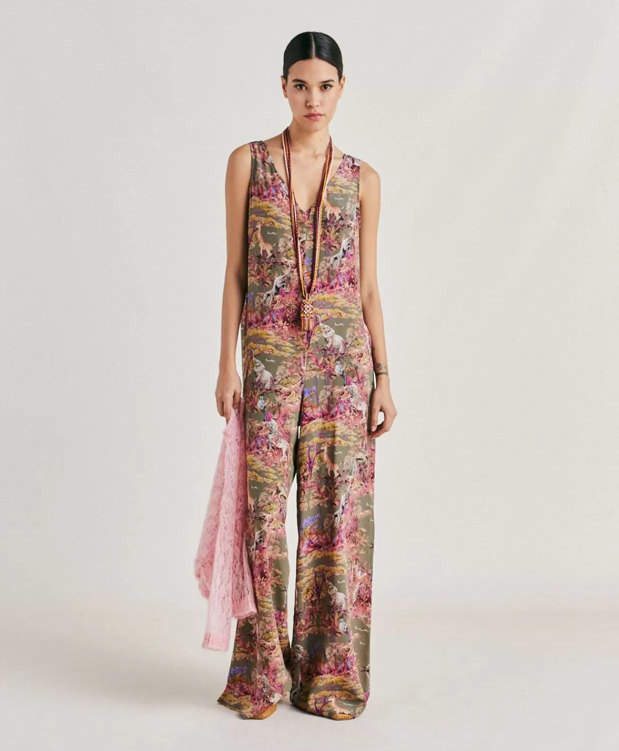 Vestiti>Momoni Tuta Lunga Matilde In Crepe De Chine - Oliva Multicolor