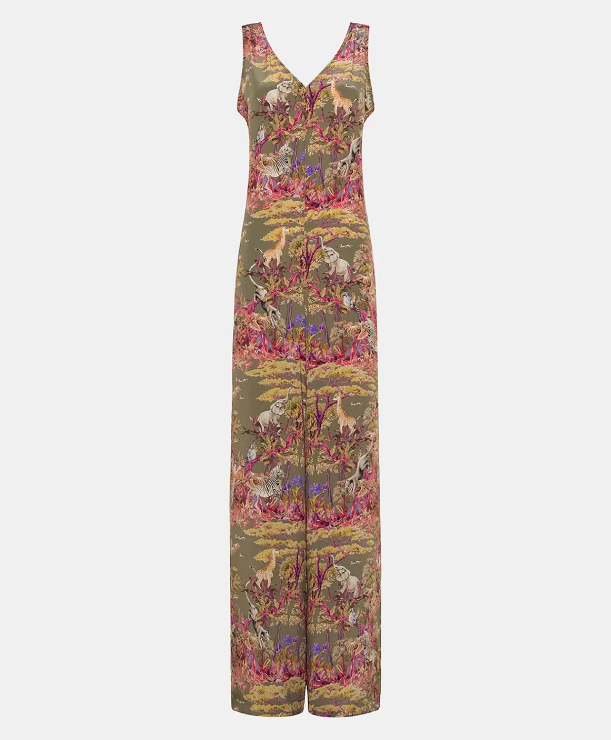 Vestiti>Momoni Tuta Lunga Matilde In Crepe De Chine - Oliva Multicolor