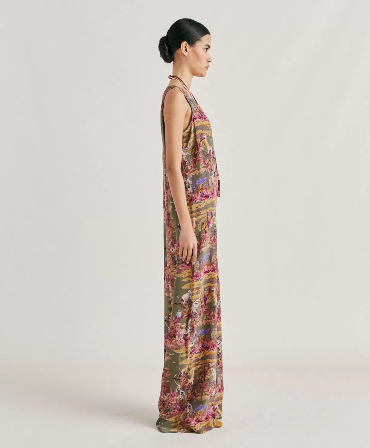 Vestiti>Momoni Tuta Lunga Matilde In Crepe De Chine - Oliva Multicolor
