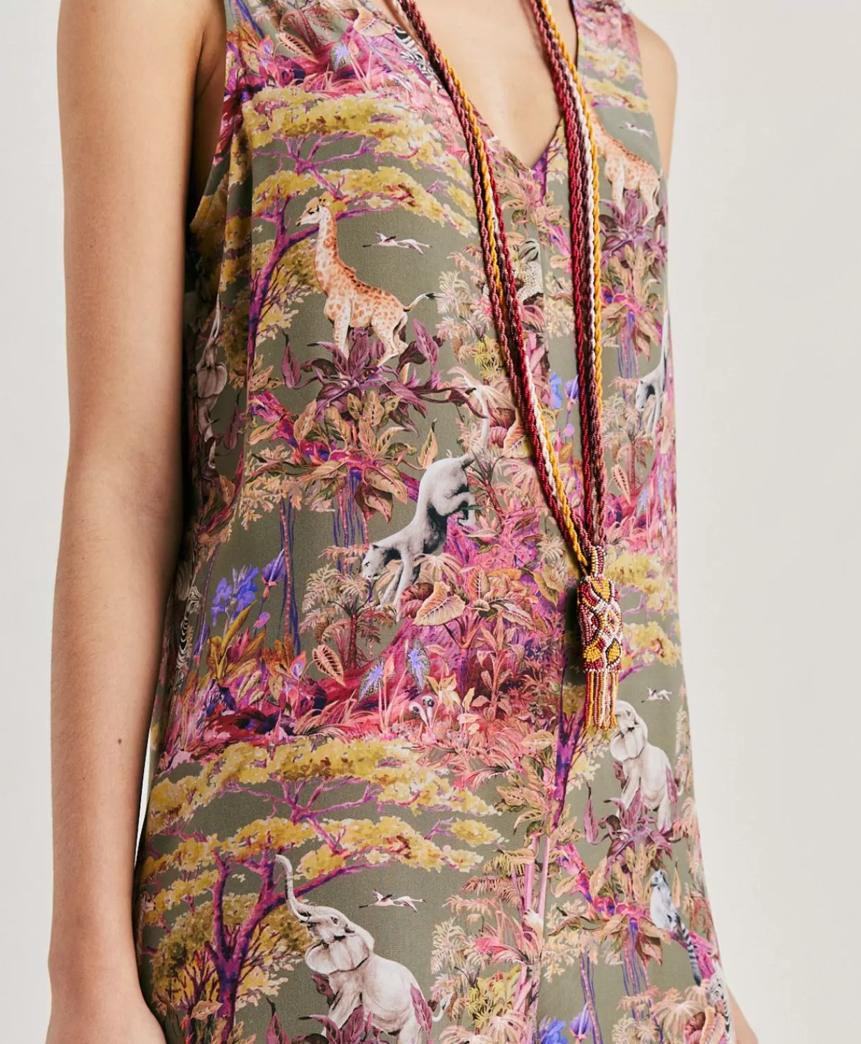 Vestiti>Momoni Tuta Lunga Matilde In Crepe De Chine - Oliva Multicolor
