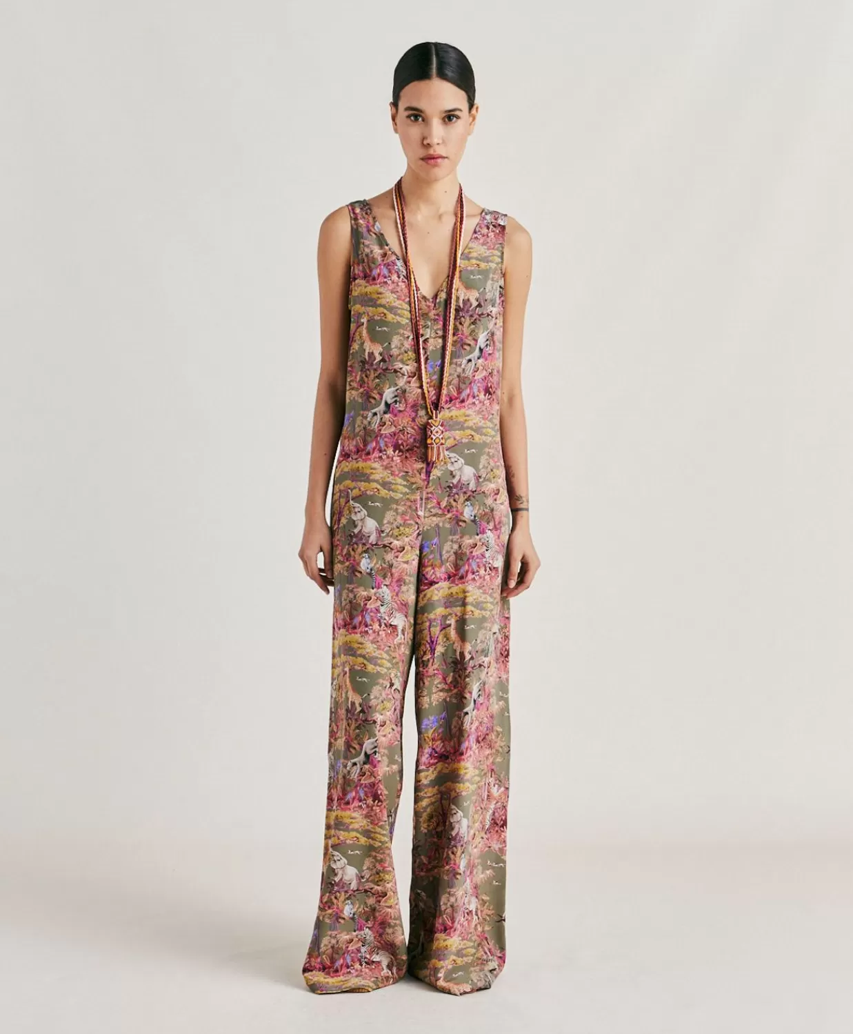 Vestiti>Momoni Tuta Lunga Matilde In Crepe De Chine - Oliva Multicolor